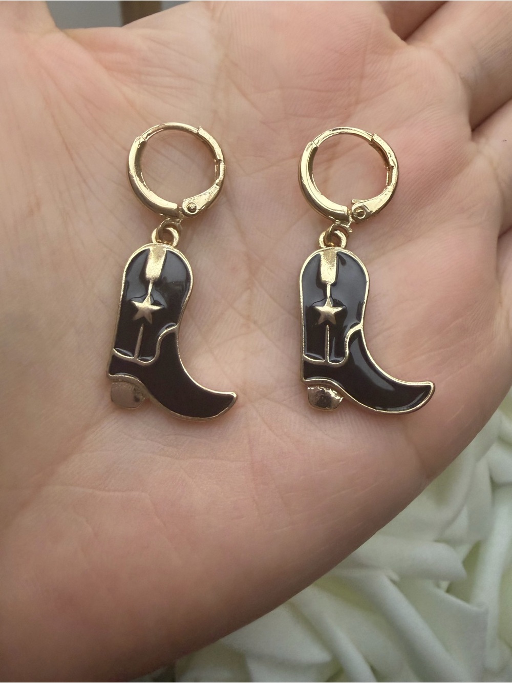 Gold-Tone Black Cowboy Boot Drop Earrings